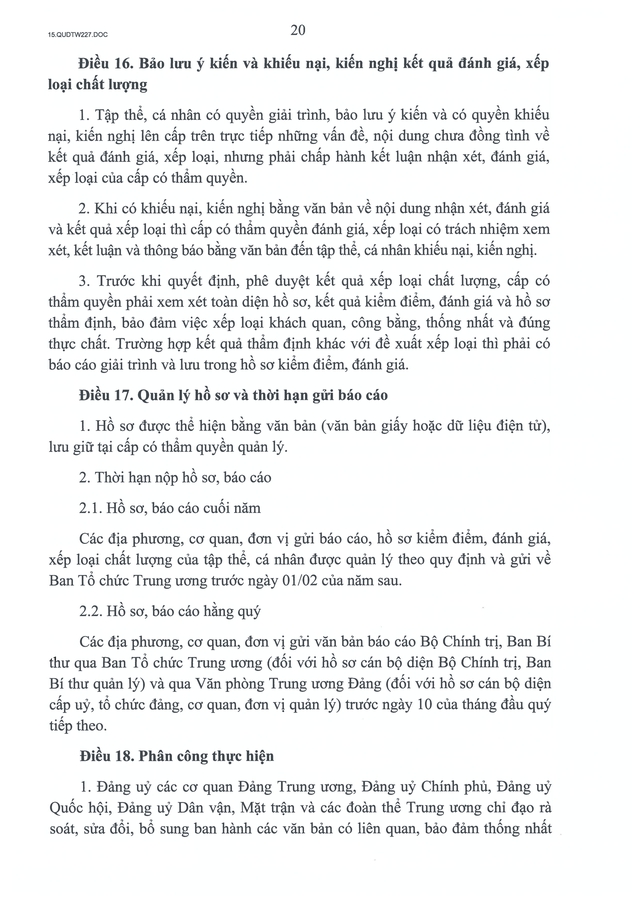 TOÀN VĂN: Quy định 227-QĐ/TW về kiểm điểm và đánh giá, xếp loại chất lượng đối với tập thể, cá nhân- Ảnh 20.