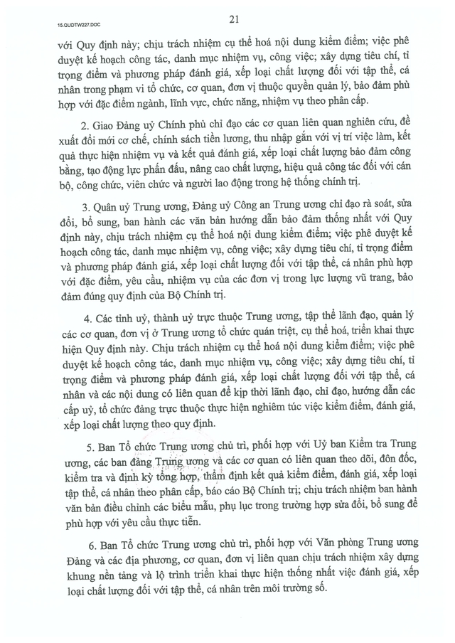 TOÀN VĂN: Quy định 227-QĐ/TW về kiểm điểm và đánh giá, xếp loại chất lượng đối với tập thể, cá nhân- Ảnh 21.