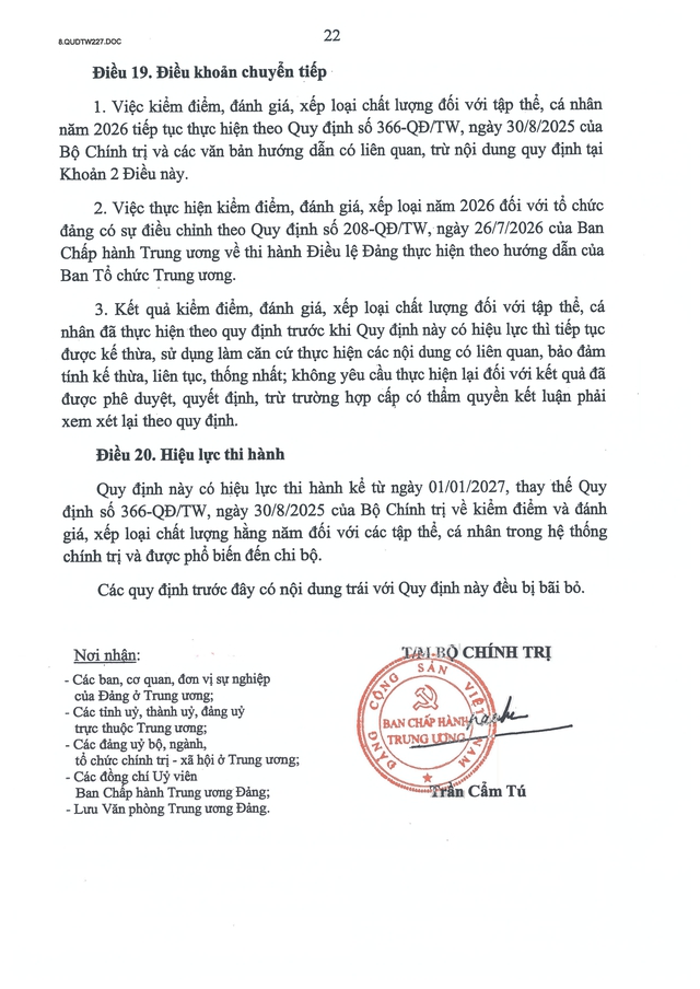 TOÀN VĂN: Quy định 227-QĐ/TW về kiểm điểm và đánh giá, xếp loại chất lượng đối với tập thể, cá nhân- Ảnh 22.