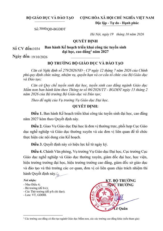 Quyết định 3040/QĐ-BGDĐT ban hành Kế hoạch triển khai công tác tuyển sinh đại học, cao đẳng năm 2027 - Ảnh 1.