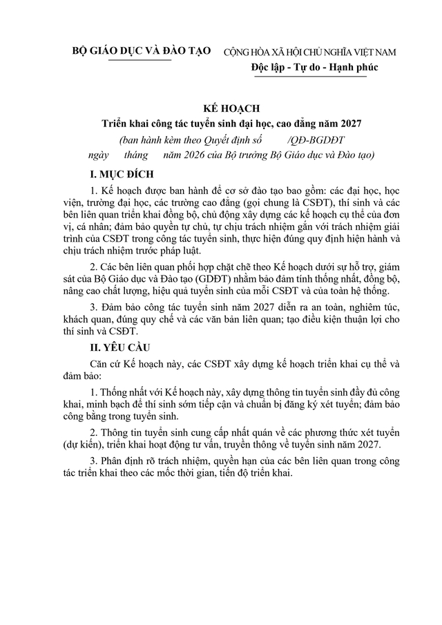 Quyết định 3040/QĐ-BGDĐT ban hành Kế hoạch triển khai công tác tuyển sinh đại học, cao đẳng năm 2027 - Ảnh 2.