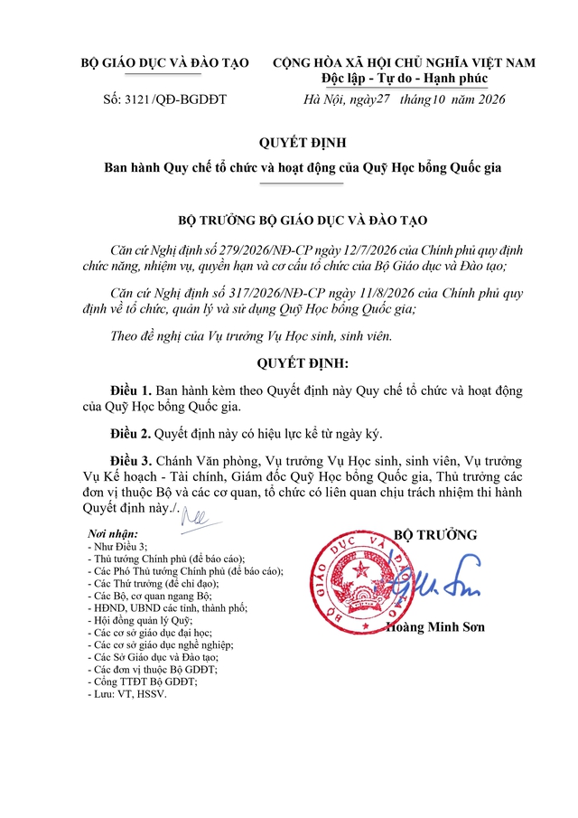 Quy chế tổ chức và hoạt động của Quỹ Học bổng Quốc gia - Ảnh 1.