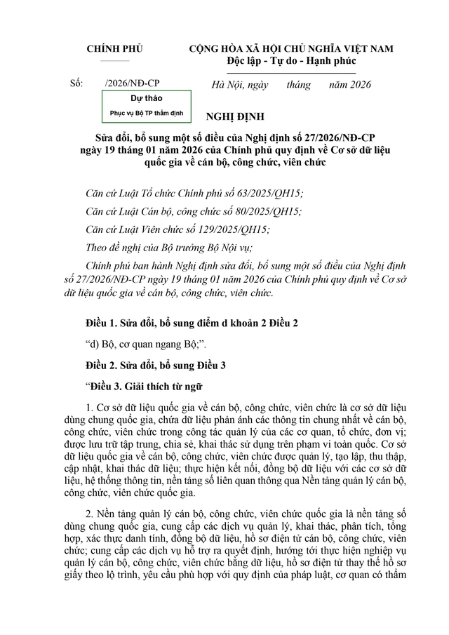 Dự thảo Nghị định sửa đổi, bổ sung một số điều về Cơ sở dữ liệu quốc gia về cán bộ, công chức, viên chức - Ảnh 1.