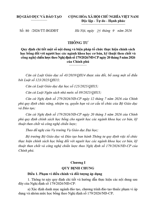 Thông tư số 80/2026/TT-BGDĐT quy định chi tiết chính sách học bổng theo Nghị định số 179/2026/NĐ-CP- Ảnh 1.