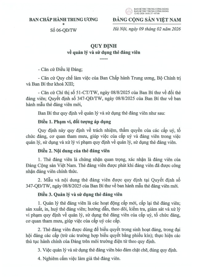 QUY ĐỊNH SỐ 06-QĐ/TW về QUẢN LÝ và SỬ DỤNG THẺ ĐẢNG VIÊN- Ảnh 1.