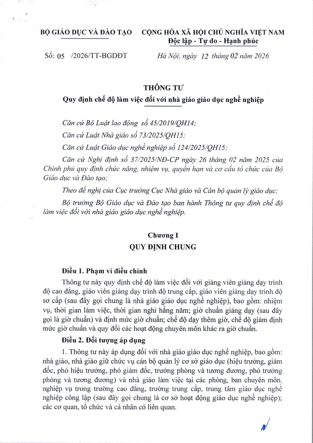 Thông tư 05/2026/TT-BGDĐT quy định chế độ làm việc đối với nhà giáo giáo dục nghề nghiệp- Ảnh 1. Thông tư 05/2026/TT-BGDĐT quy định chế độ làm việc đối với nhà giáo giáo dục nghề nghiệp- Ảnh 1.