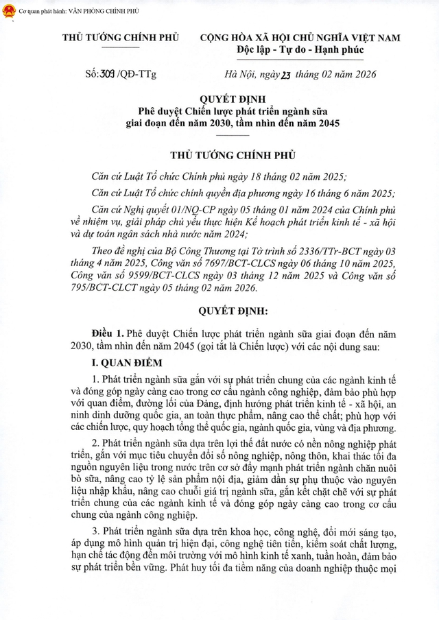 TOÀN VĂN: Quyết định số 309/QĐ-TTg phê duyệt Chiến lược phát triển ngành sữa giai đoạn đến năm 2030 - 2045- Ảnh 3.