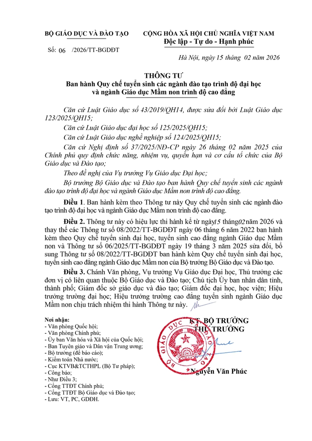 TOÀN VĂN: Thông tư 06/2026/TT-BGDĐT quy chế tuyển sinh đào tạo Đại học, cao đẳng giáo dục mầm non- Ảnh 3.