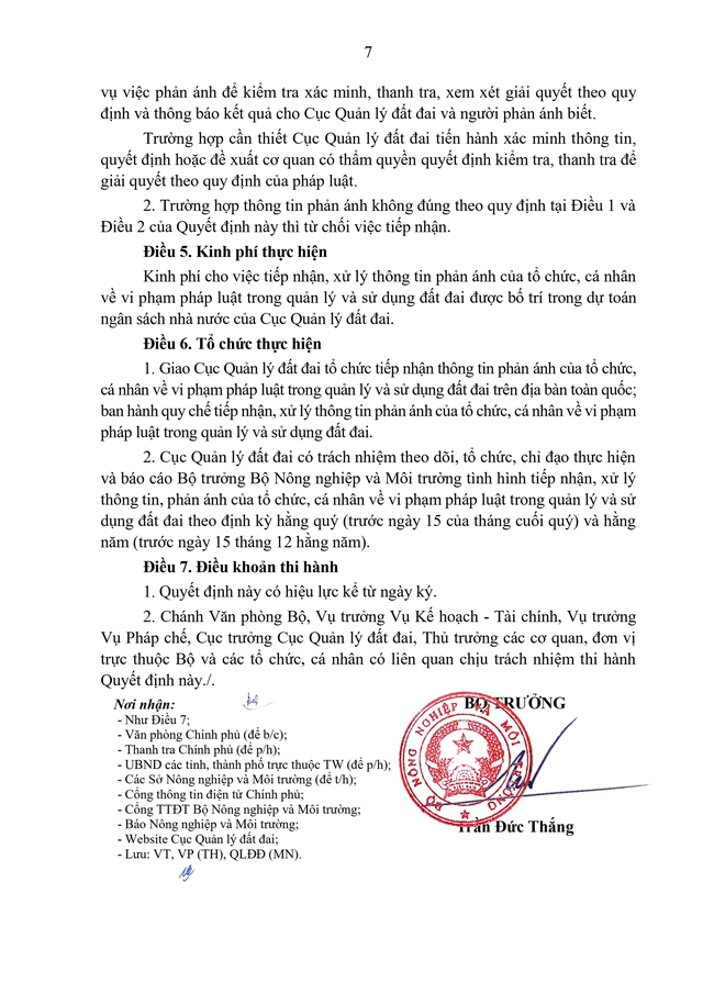 TOÀN VĂN: Quyết định 633/QĐ-BNNMT về tiếp nhận, xử lý phản ánh vi phạm quản lý, sử dụng đất đai- Ảnh 7.