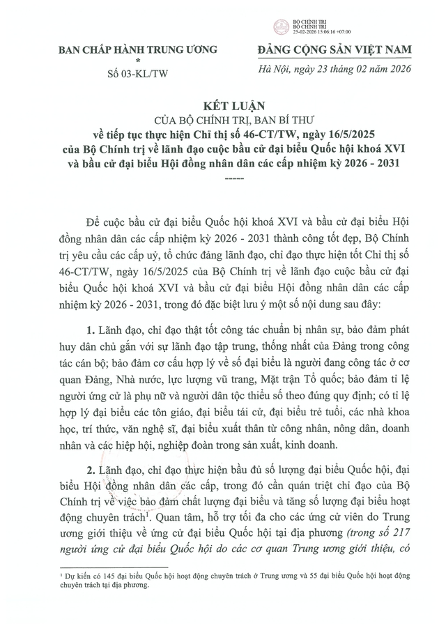 Kết luận 03-KL/TW của Bộ Chính trị, Ban Bí thư về bầu cử đại biểu Quốc hội khóa XVI, đại biểu HĐND các cấp 2026-2031- Ảnh 2.