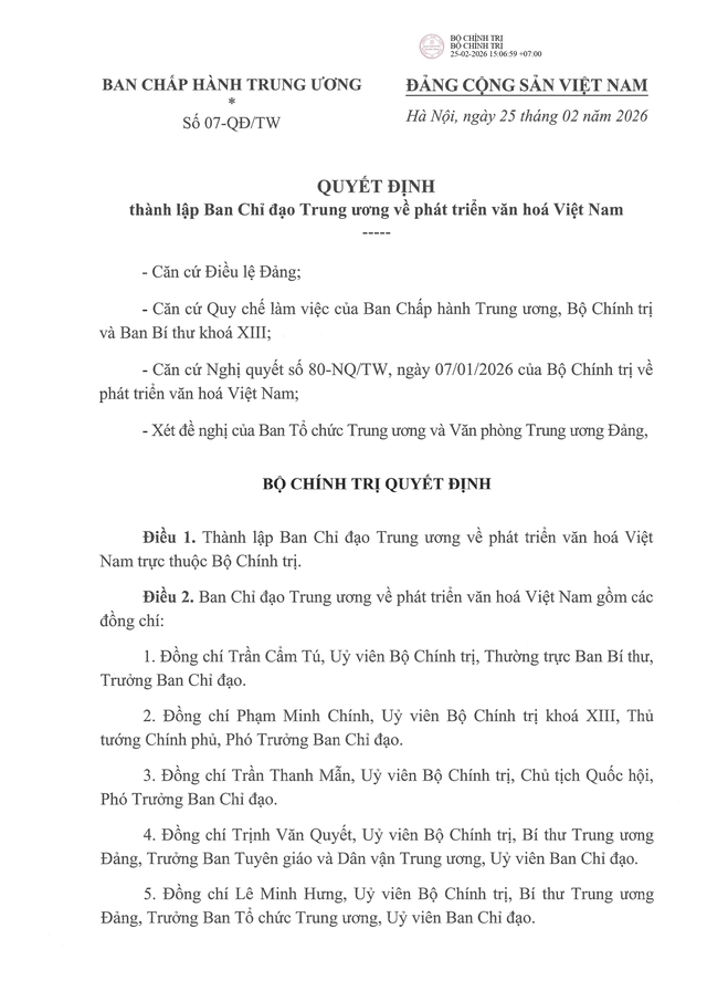 Quyết định số 07-QĐ/TW: Thành lập Ban Chỉ đạo Trung ương về phát triển văn hóa Việt Nam- Ảnh 2. Quyết định số 07-QĐ/TW: Thành lập Ban Chỉ đạo Trung ương về phát triển văn hóa Việt Nam- Ảnh 2.
