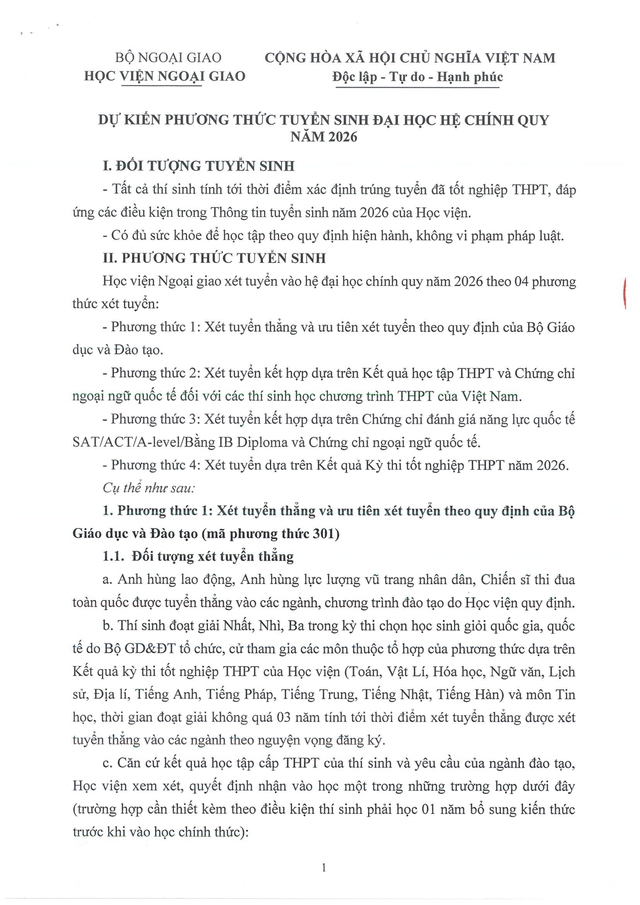 TUYỂN SINH 2026: Dự kiến phương thức, chỉ tiêu tuyển sinh của Học viện Ngoại giao- Ảnh 1.