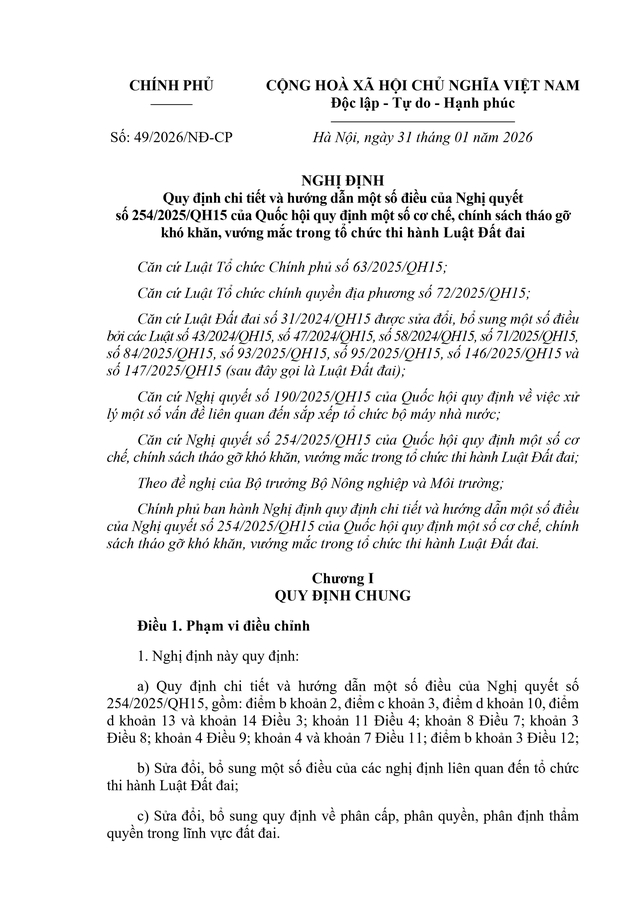 TOÀN VĂN: Nghị định 49/2026/NĐ-CP quy định chi tiết, hướng dẫn Nghị quyết 254/2025/QH15 tháo gỡ khó khăn, vướng mắc trong thi hành Luật Đất đai- Ảnh 3.