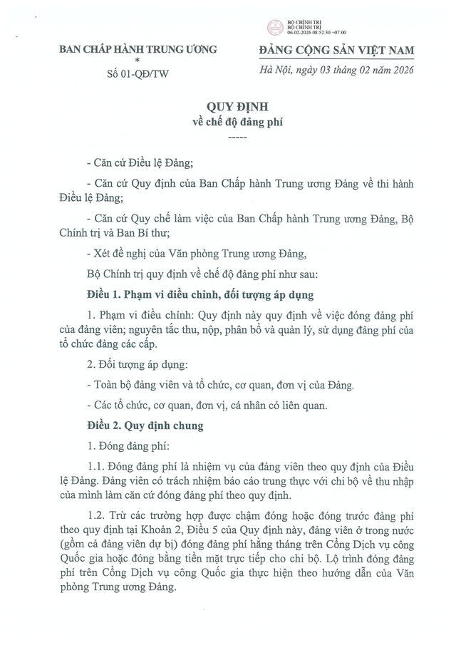 TOÀN VĂN: Quy định số 01-QĐ/TW của Bộ Chính trị về chế độ đảng phí- Ảnh 1.