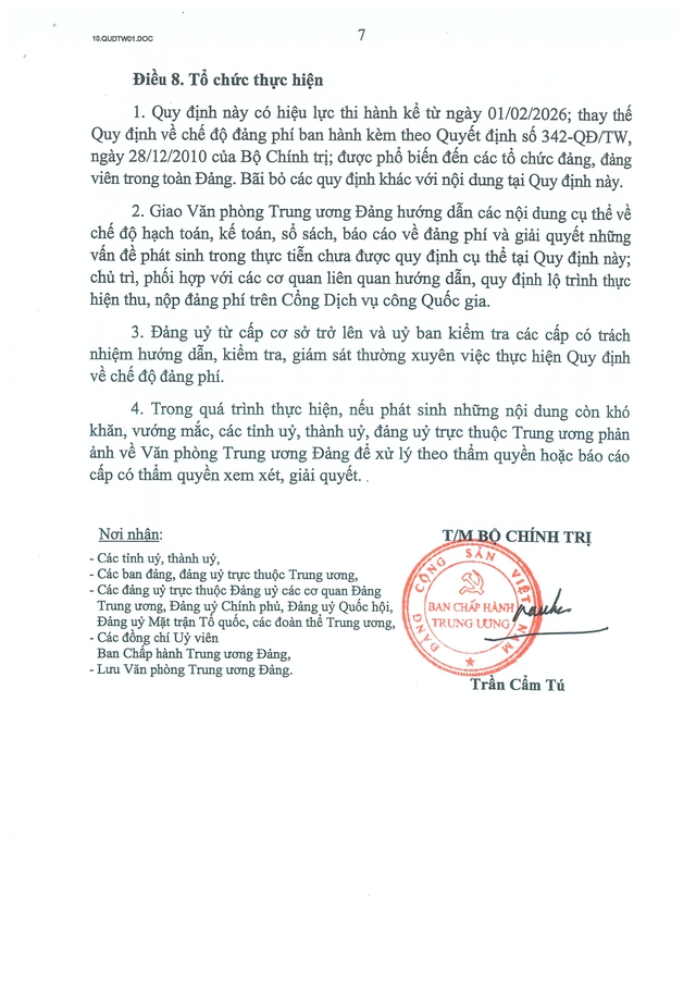 TOÀN VĂN: Quy định số 01-QĐ/TW của Bộ Chính trị về chế độ đảng phí- Ảnh 7.