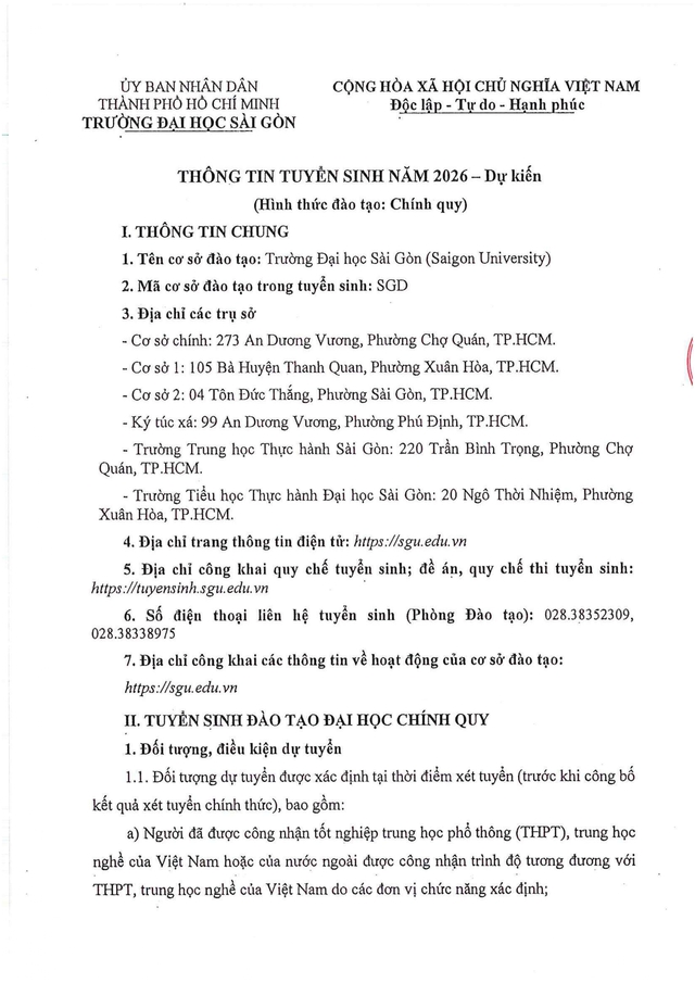 Trường Đại học Sài Gòn dự kiến tuyển sinh 2026 hệ đại học chính quy - Ảnh 2.