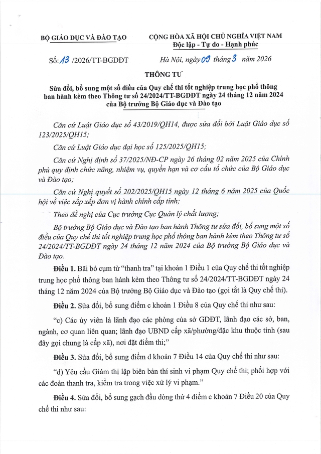 Thông tư số 13/TT-BGDĐT: Điểm mới trong quy chế thi tốt nghiệp THPT 2026- Ảnh 2.