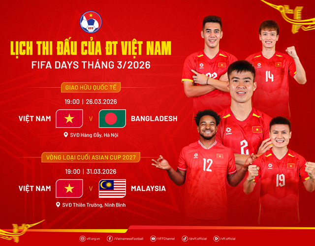 Lịch thi đấu FIFA Days của ĐỘI TUYỂN BÓNG ĐÁ VIỆT NAM tháng 3/2026- Ảnh 1. Lịch thi đấu FIFA Days của ĐỘI TUYỂN BÓNG ĐÁ VIỆT NAM tháng 3/2026- Ảnh 1.