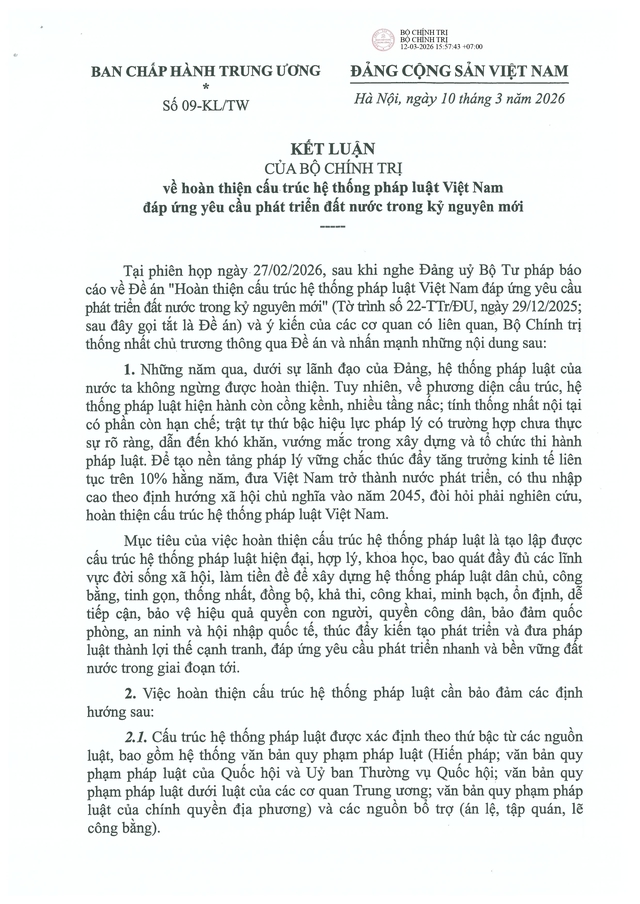 Toàn văn: Kết luận số 09-KL/TW của Bộ Chính trị về hoàn thiện cấu trúc hệ thống pháp luật Việt Nam- Ảnh 1.