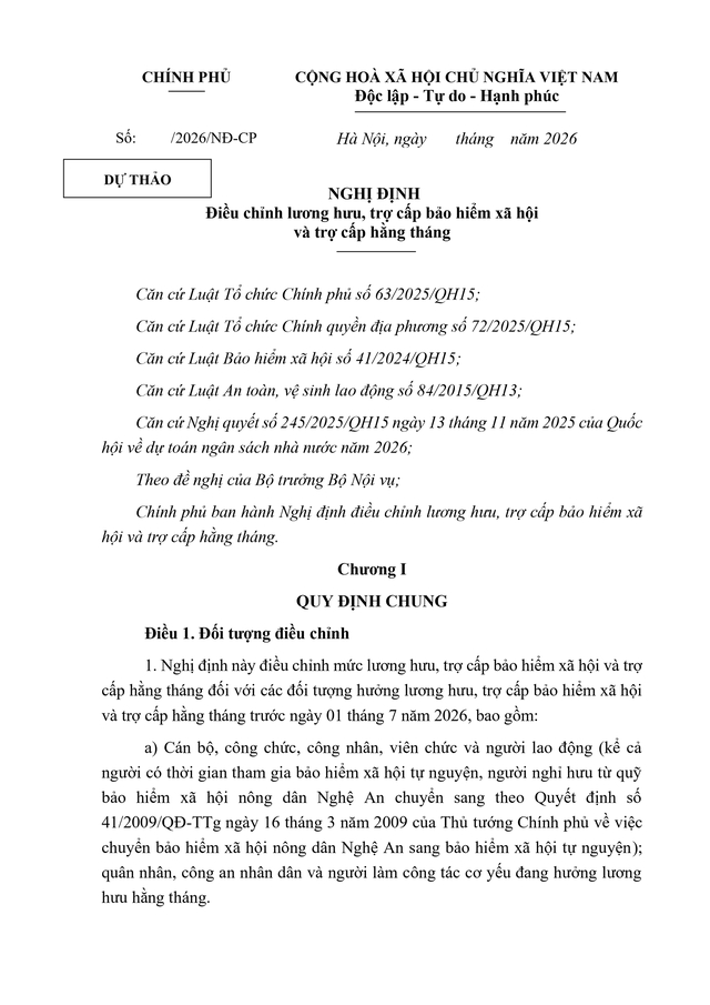 TOÀN VĂN: Dự thảo Nghị định điều chỉnh lương hưu, trợ cấp bảo hiểm xã hội và trợ cấp hằng tháng- Ảnh 1.