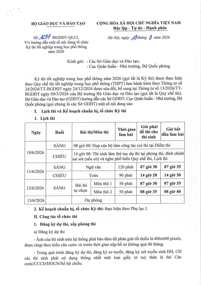 Công văn 1257/BGDĐT-QLCL: Hướng dẫn tổ chức Kỳ thi tốt nghiệp THPT 2026- Ảnh 1.
