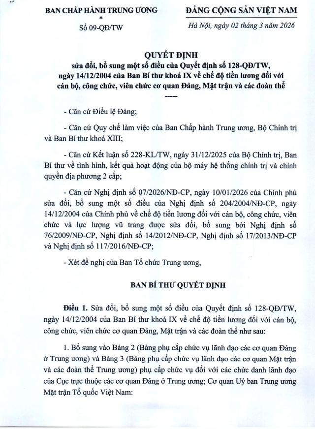 TOÀN VĂN: Quyết định 09-QĐ/TW sửa đổi, bổ sung chế độ tiền lương với cán bộ, CCVC cơ quan Đảng, Mặt trận và các đoàn thể- Ảnh 1. TOÀN VĂN: Quyết định 09-QĐ/TW sửa đổi, bổ sung chế độ tiền lương với cán bộ, CCVC cơ quan Đảng, Mặt trận và các đoàn thể- Ảnh 1.