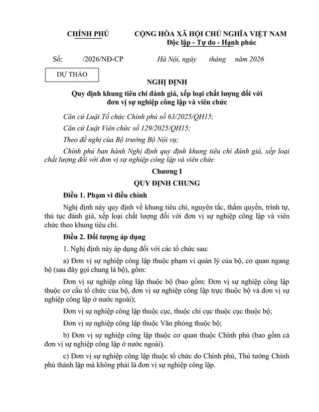 TOÀN VĂN: Dự thảo Nghị định quy định khung tiêu chí đánh giá, xếp loại chất lượng đơn vị sự nghiệp công lập và viên chức- Ảnh 1.