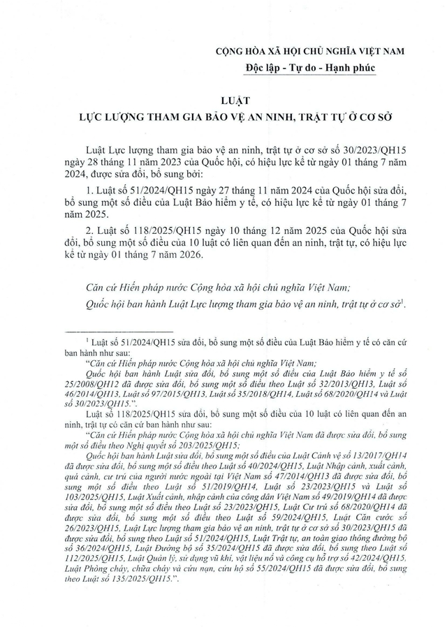 Văn bản hợp nhất 57/VBHN-VPQH: Luật Lực lượng tham gia bảo vệ an ninh, trật tự ở cơ sở- Ảnh 1. Văn bản hợp nhất 57/VBHN-VPQH: Luật Lực lượng tham gia bảo vệ an ninh, trật tự ở cơ sở- Ảnh 1.