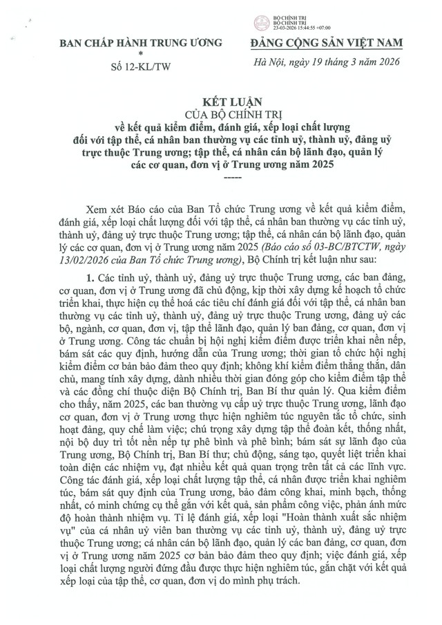TOÀN VĂN: Kết luận số 12-KL/TW của Bộ Chính trị về kết quả kiểm điểm, đánh giá, xếp loại chất lượng tập thể, cá nhân- Ảnh 2. TOÀN VĂN: Kết luận số 12-KL/TW của Bộ Chính trị về kết quả kiểm điểm, đánh giá, xếp loại chất lượng tập thể, cá nhân- Ảnh 2.