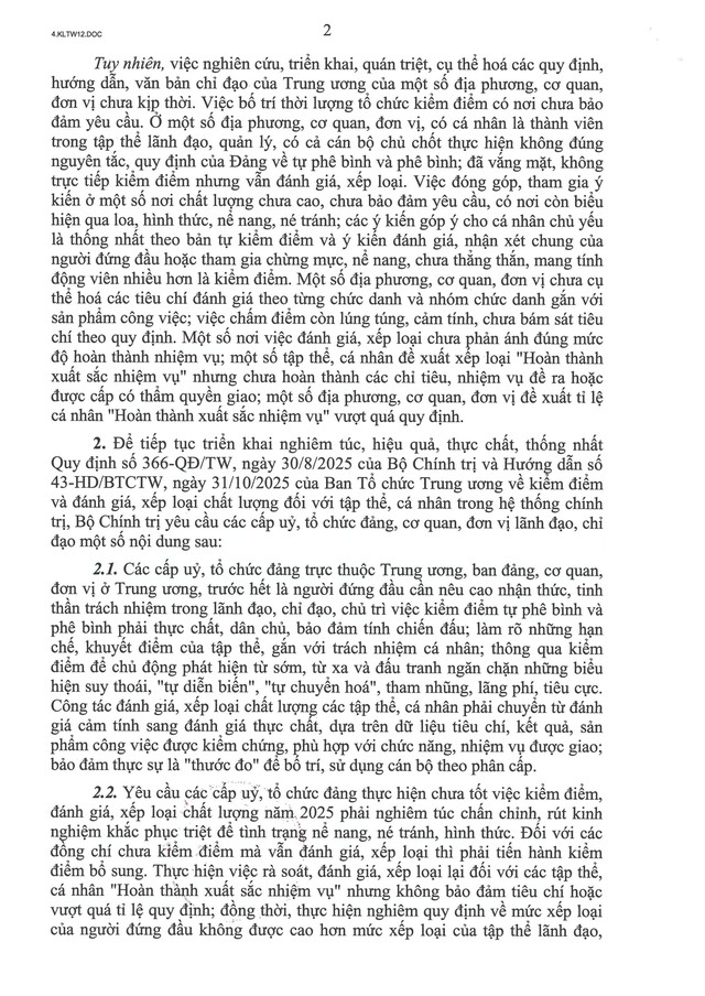 TOÀN VĂN: Kết luận số 12-KL/TW của Bộ Chính trị về kết quả kiểm điểm, đánh giá, xếp loại chất lượng tập thể, cá nhân- Ảnh 3. TOÀN VĂN: Kết luận số 12-KL/TW của Bộ Chính trị về kết quả kiểm điểm, đánh giá, xếp loại chất lượng tập thể, cá nhân- Ảnh 3.