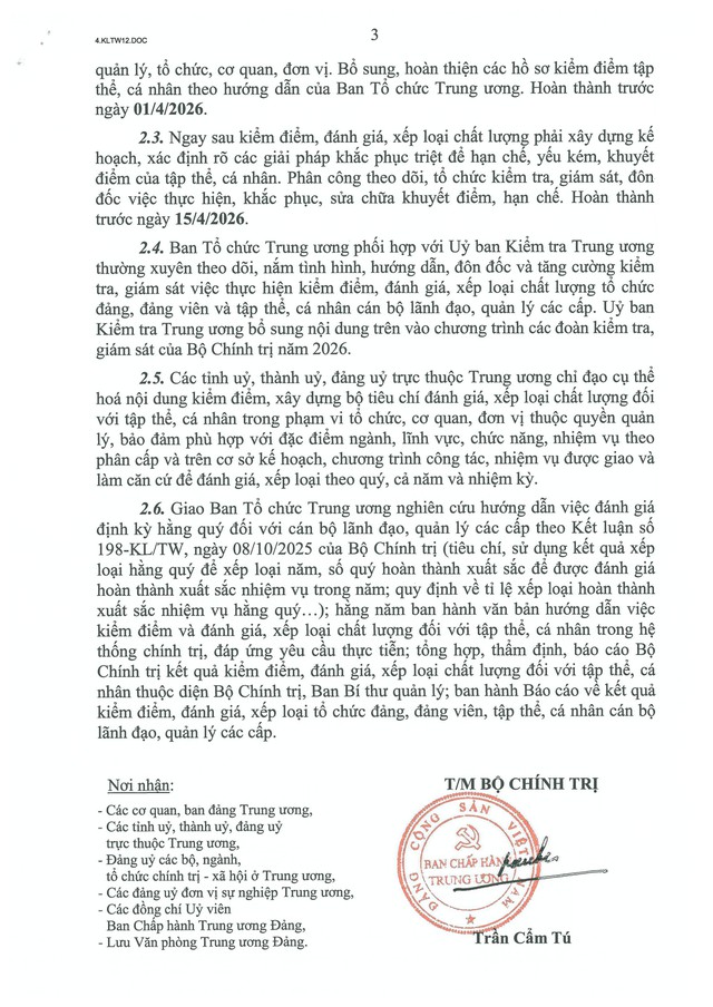 TOÀN VĂN: Kết luận số 12-KL/TW của Bộ Chính trị về kết quả kiểm điểm, đánh giá, xếp loại chất lượng tập thể, cá nhân- Ảnh 4. TOÀN VĂN: Kết luận số 12-KL/TW của Bộ Chính trị về kết quả kiểm điểm, đánh giá, xếp loại chất lượng tập thể, cá nhân- Ảnh 4.