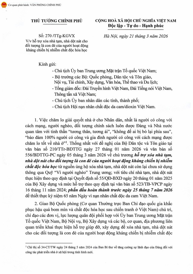THỦ TƯỚNG: Hỗ trợ XÓA NHÀ TẠM, NHÀ DỘT NÁT cho CON ĐẺ CỦA NGƯỜI HOẠT ĐỘNG KHÁNG CHIẾN BỊ NHIỄM CHẤT ĐỘC HÓA HỌC- Ảnh 2.