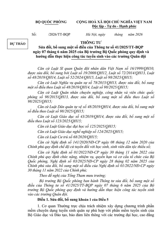 Toàn văn dự thảo Thông tư sửa đổi, bổ sung Quy định và hướng dẫn tuyển sinh Quân sự- Ảnh 1.