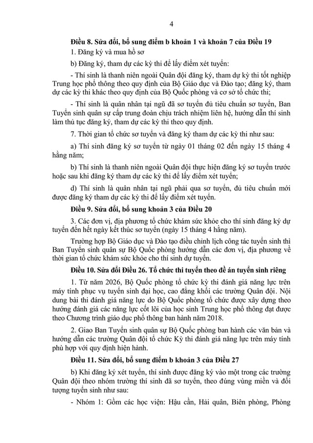 Toàn văn dự thảo Thông tư sửa đổi, bổ sung Quy định và hướng dẫn tuyển sinh Quân sự- Ảnh 4.