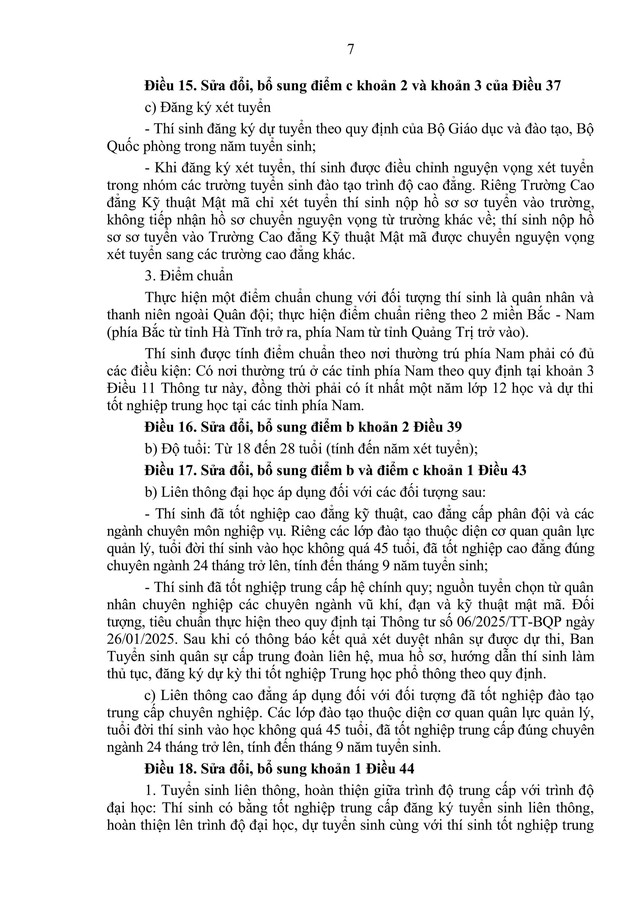 Toàn văn dự thảo Thông tư sửa đổi, bổ sung Quy định và hướng dẫn tuyển sinh Quân sự- Ảnh 7.