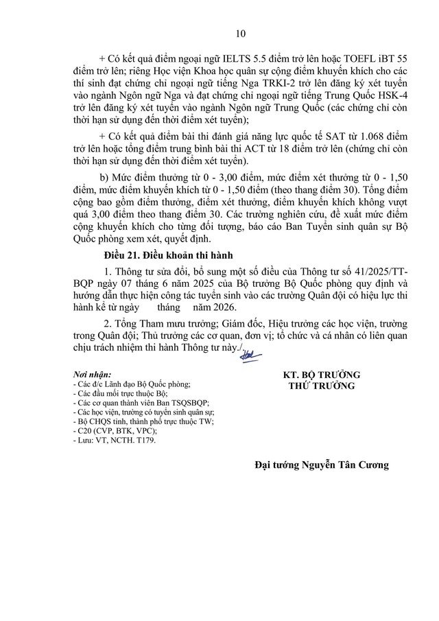 Toàn văn dự thảo Thông tư sửa đổi, bổ sung Quy định và hướng dẫn tuyển sinh Quân sự- Ảnh 10.