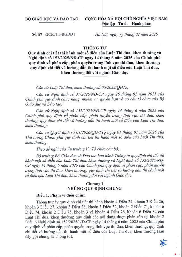 TOÀN VĂN: Thông tư 07/2026/TT-BGDĐT về lĩnh vực thi đua, khen thưởng với ngành Giáo dục- Ảnh 2. TOÀN VĂN: Thông tư 07/2026/TT-BGDĐT về lĩnh vực thi đua, khen thưởng với ngành Giáo dục- Ảnh 2.