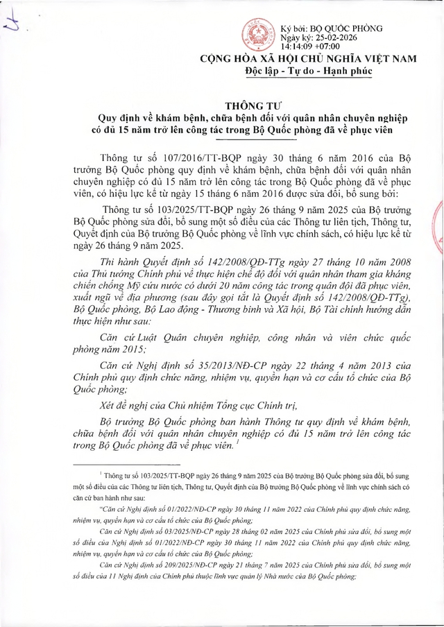 Quy định về khám, chữa bệnh với quân nhân chuyên nghiệp đủ 15 năm công tác trở lên đã phục viên- Ảnh 1.