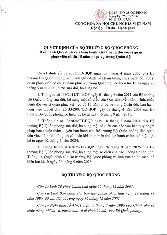 Quy định về khám, chữa bệnh với sĩ quan phục viên đủ 15 năm phục vụ trong Quân đội- Ảnh 1.