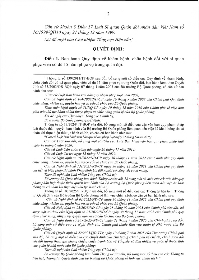 Quy định về khám, chữa bệnh với sĩ quan phục viên đủ 15 năm phục vụ trong Quân đội- Ảnh 2.