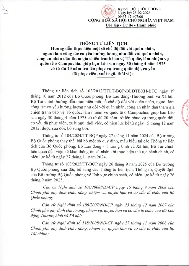 Chế độ với quân nhân, công an tham gia chiến tranh bảo vệ Tổ quốc, làm nhiệm vụ ở Campuchia, Lào sau 30/4/1975 đủ 20 năm trong quân đội đã xuất ngũ- Ảnh 1. Chế độ với quân nhân, công an tham gia chiến tranh bảo vệ Tổ quốc, làm nhiệm vụ ở Campuchia, Lào sau 30/4/1975 đủ 20 năm trong quân đội đã xuất ngũ- Ảnh 1.