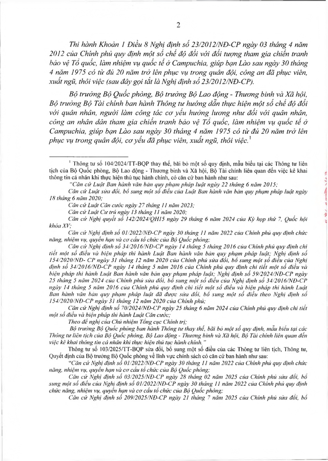 Chế độ với quân nhân, công an tham gia chiến tranh bảo vệ Tổ quốc, làm nhiệm vụ ở Campuchia, Lào sau 30/4/1975 đủ 20 năm trong quân đội đã xuất ngũ- Ảnh 2. Chế độ với quân nhân, công an tham gia chiến tranh bảo vệ Tổ quốc, làm nhiệm vụ ở Campuchia, Lào sau 30/4/1975 đủ 20 năm trong quân đội đã xuất ngũ- Ảnh 2.