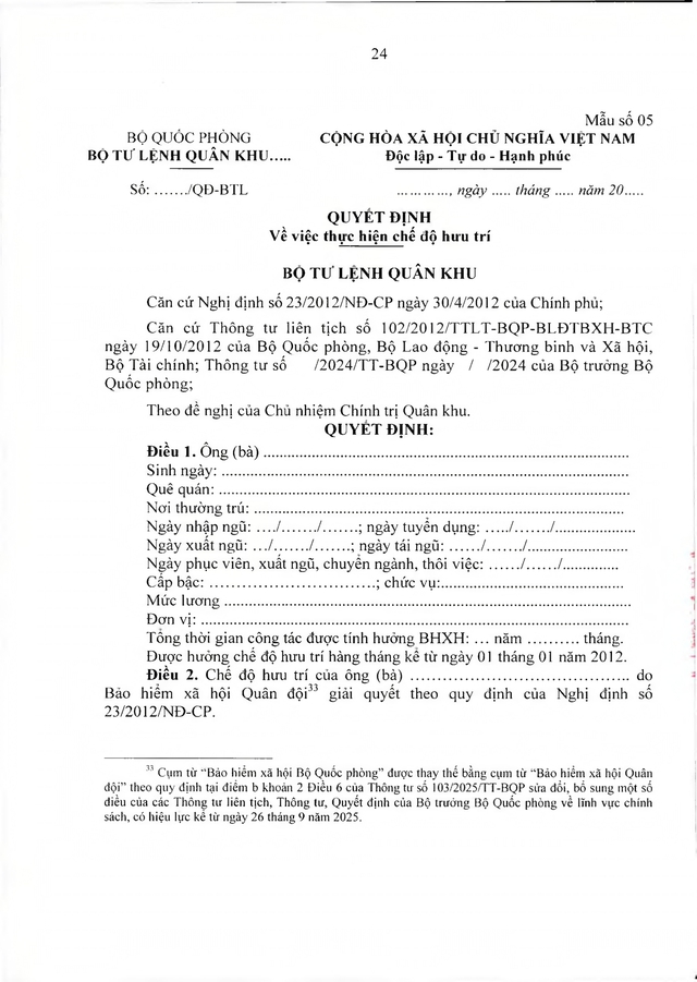 Chế độ với quân nhân, công an tham gia chiến tranh bảo vệ Tổ quốc, làm nhiệm vụ ở Campuchia, Lào sau 30/4/1975 đủ 20 năm trong quân đội đã xuất ngũ- Ảnh 24. Chế độ với quân nhân, công an tham gia chiến tranh bảo vệ Tổ quốc, làm nhiệm vụ ở Campuchia, Lào sau 30/4/1975 đủ 20 năm trong quân đội đã xuất ngũ- Ảnh 24.