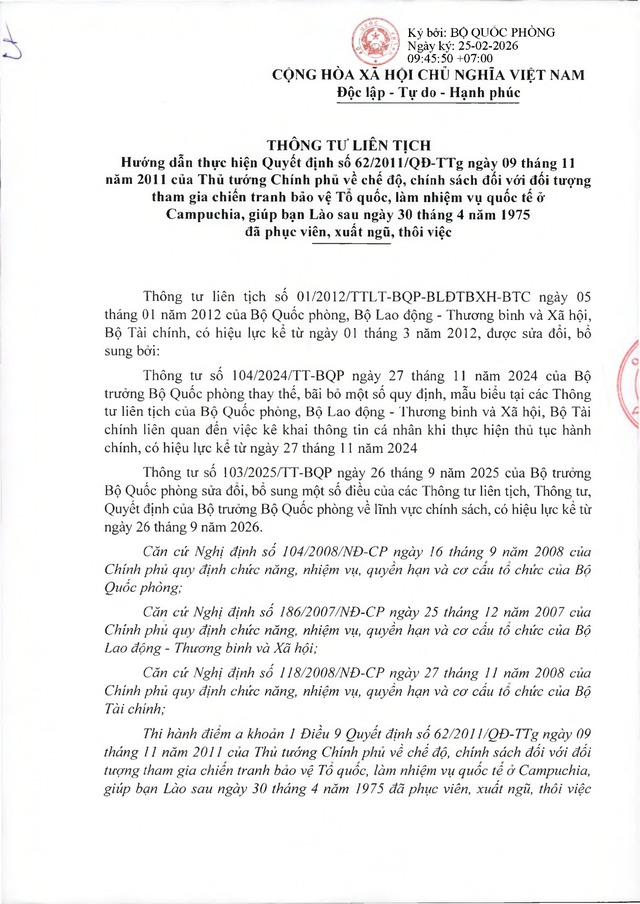 Chế độ với người tham gia chiến tranh bảo vệ Tổ quốc, làm nhiệm vụ ở Campuchia, Lào sau 30/4/1975 đã xuất ngũ- Ảnh 1. Chế độ với người tham gia chiến tranh bảo vệ Tổ quốc, làm nhiệm vụ ở Campuchia, Lào sau 30/4/1975 đã xuất ngũ- Ảnh 1.