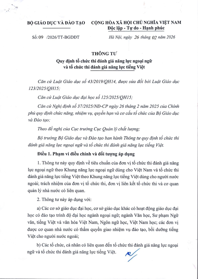 TOÀN VĂN: Thông tư 09/2026/TT-BGDĐT về tổ chức thi đánh giá năng lực ngoại ngữ và tiếng Việt- Ảnh 1.