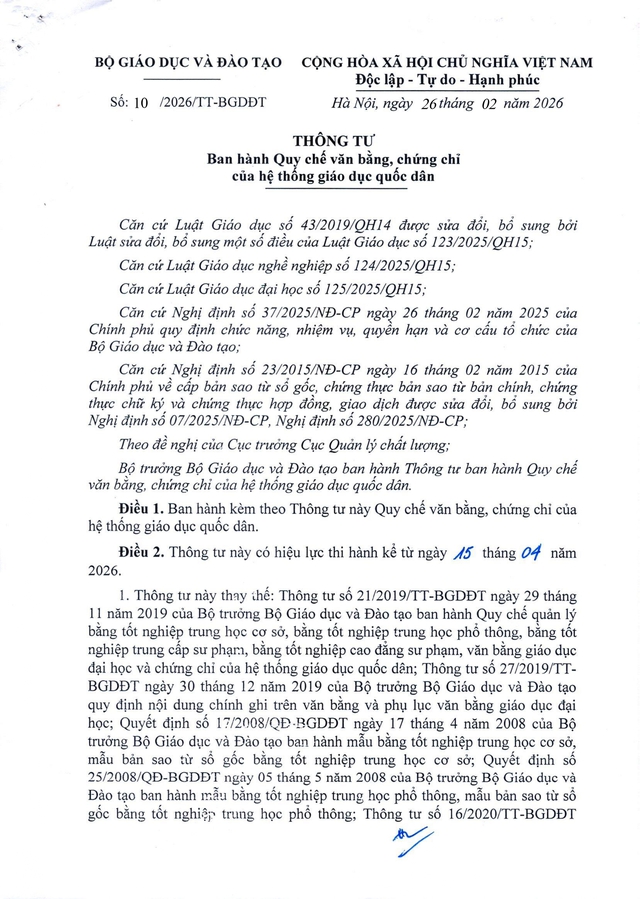 Quy chế mới về văn bằng, chứng chỉ của hệ thống giáo dục quốc dân- Ảnh 2.