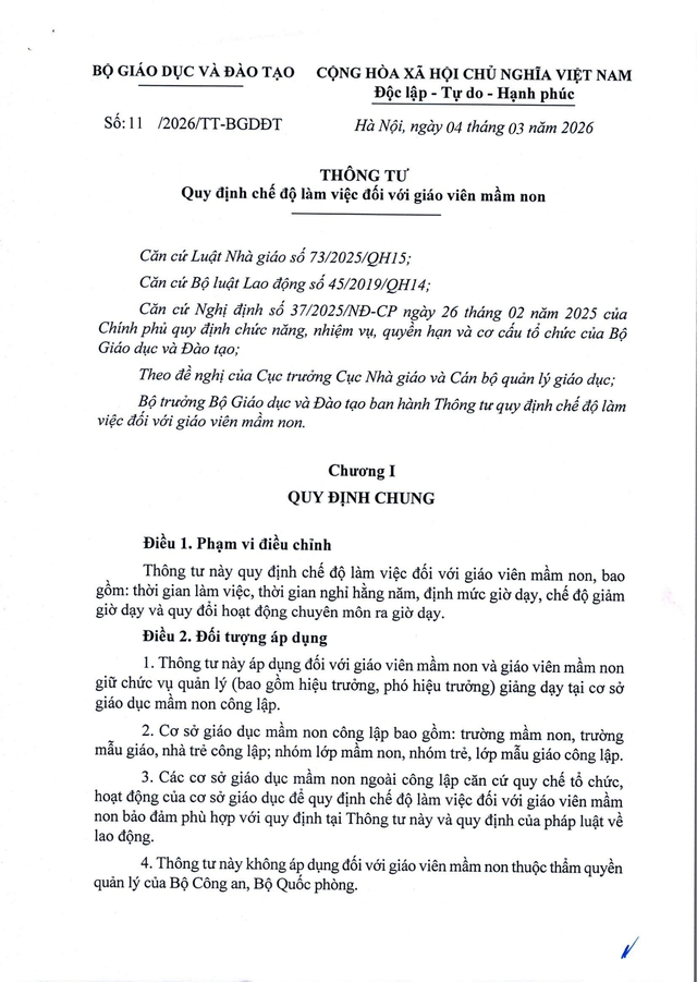 TOÀN VĂN: Thông tư 11/2026/TT-BGDĐT quy định chế độ làm việc với giáo viên mầm non- Ảnh 2.