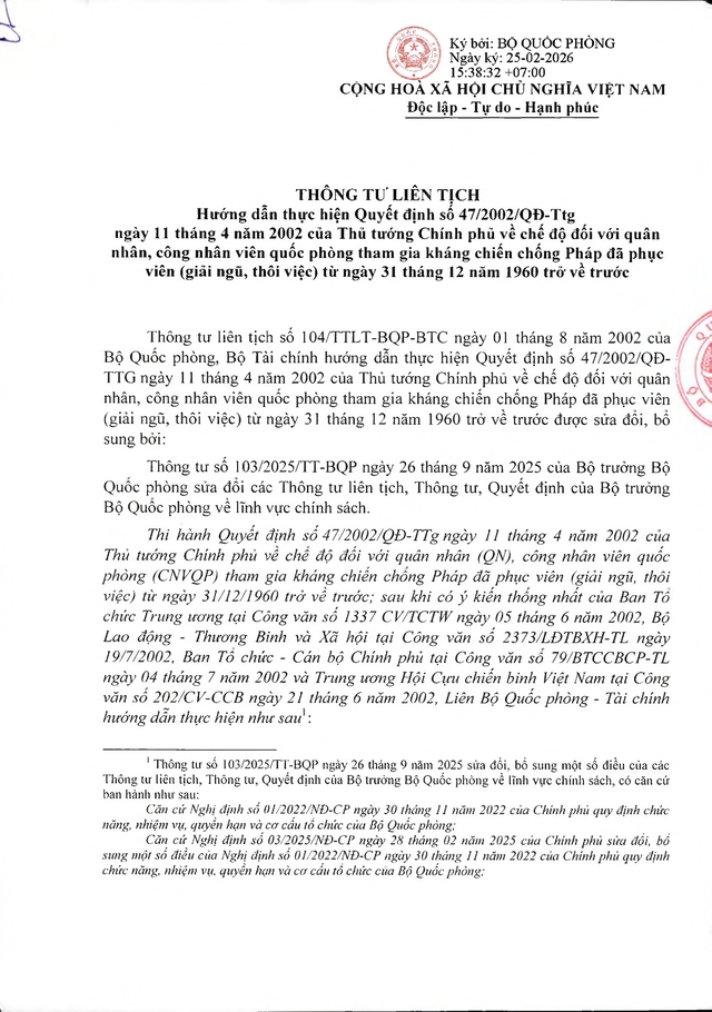 Chế độ với quân nhân, công nhân viên quốc phòng tham gia chống Pháp phục viên từ 31/12/1960 về trước- Ảnh 1.
