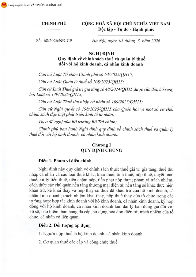 TOÀN VĂN: Nghị định 68/2026/NĐ-CP quy định về chính sách thuế, quản lý thuế với hộ kinh doanh- Ảnh 1.