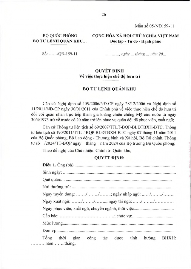 Chế độ hưu trí với quân nhân trực tiếp tham gia kháng chiến chống Mỹ từ 30/4/1975 về trước có từ 20 năm trong Quân đội đã xuất ngũ- Ảnh 26.